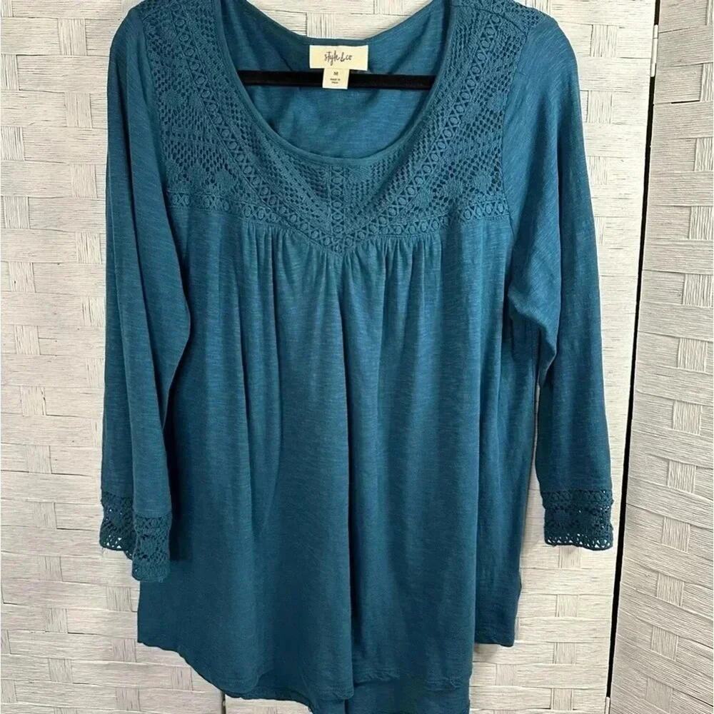 Style & co Women's Blouse peasant lece long sleeve Teal bohemian hippie festival